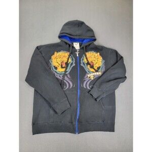 Avirex Hoodie Mens Large Black Blue Tiger Rhinestone Zip Up Velvet Lined Hoodie